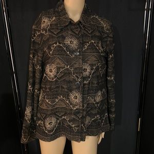 Chico’s silk and cotton embroidered brown and tan jacket.